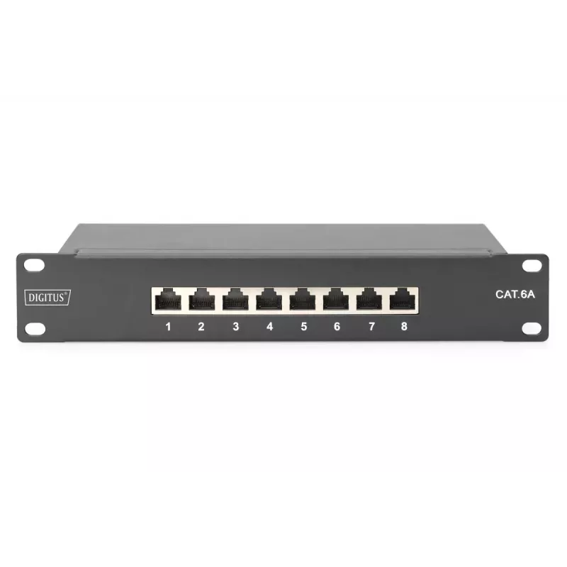 DIGITUS Patchpanel CAT6A θωρακισμένο, 8 θυρών 1U, 10 ίντσες τοποθέτηση σε rack, μαύρο RAL 9005