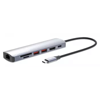 Manhattan USB-C Dock/Hub με αναγνώστη καρτών, θύρες (x5): Ethernet, HDMI, USB-A (x2) και USB-C, με Power Delivery (PD) 100 W – απαιτείται εξωτερικός φορτιστής USB-C (δεν περιλαμβάνεται). Τροφοδοσία USB (δεν απαιτείται εξωτερικό τροφοδοτικό), όταν δεν χρησιμοποιείται PD