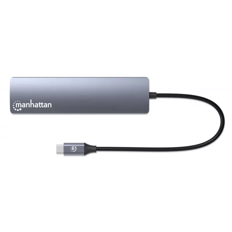 Manhattan USB-C Dock/Hub με αναγνώστη καρτών, θύρες (x5): Ethernet, HDMI, USB-A (x2) και USB-C, με Power Delivery (PD) 100 W – απαιτείται εξωτερικός φορτιστής USB-C (δεν περιλαμβάνεται). Τροφοδοσία USB (δεν απαιτείται εξωτερικό τροφοδοτικό), όταν δεν χρησιμοποιείται PD