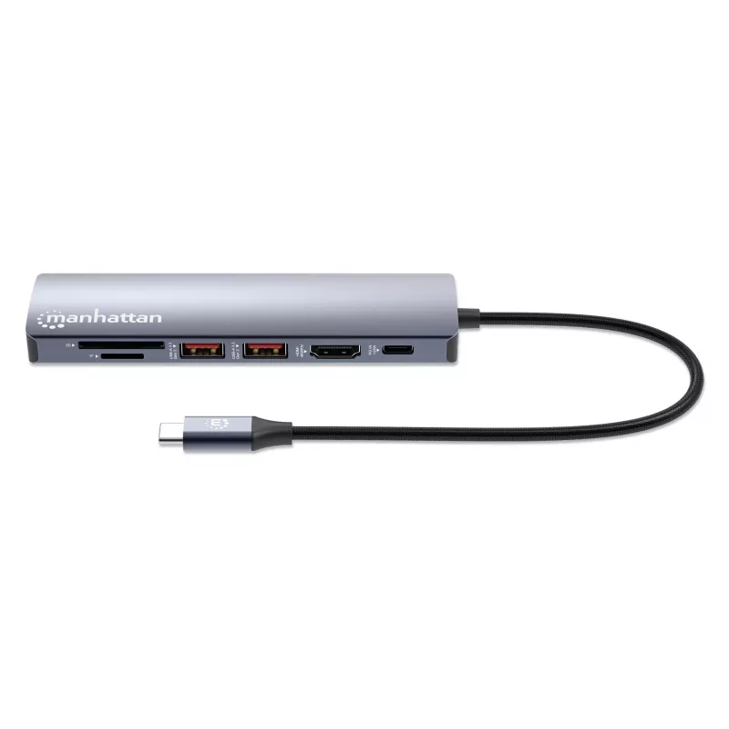 Manhattan USB-C Dock/Hub με αναγνώστη καρτών, θύρες (x5): Ethernet, HDMI, USB-A (x2) και USB-C, με Power Delivery (PD) 100 W – απαιτείται εξωτερικός φορτιστής USB-C (δεν περιλαμβάνεται). Τροφοδοσία USB (δεν απαιτείται εξωτερικό τροφοδοτικό), όταν δεν χρησιμοποιείται PD