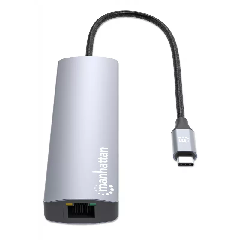 Manhattan USB-C Dock/Hub με αναγνώστη καρτών, θύρες (x5): Ethernet, HDMI, USB-A (x2) και USB-C, με Power Delivery (PD) 100 W – απαιτείται εξωτερικός φορτιστής USB-C (δεν περιλαμβάνεται). Τροφοδοσία USB (δεν απαιτείται εξωτερικό τροφοδοτικό), όταν δεν χρησιμοποιείται PD