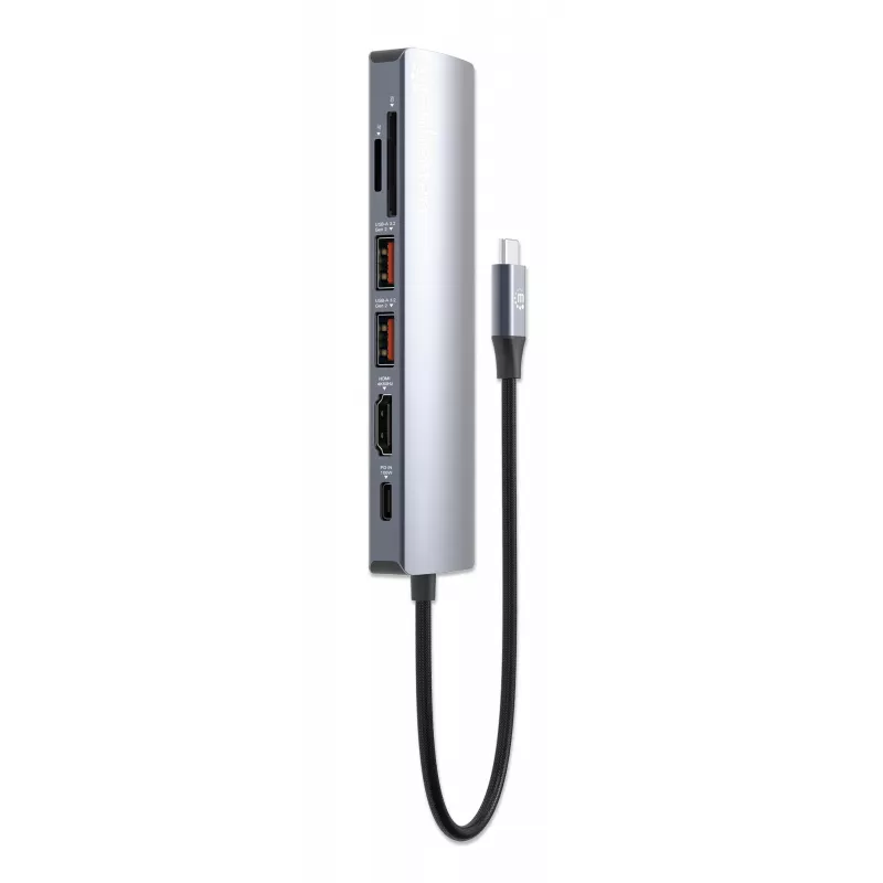 Manhattan USB-C Dock/Hub με αναγνώστη καρτών, θύρες (x5): Ethernet, HDMI, USB-A (x2) και USB-C, με Power Delivery (PD) 100 W – απαιτείται εξωτερικός φορτιστής USB-C (δεν περιλαμβάνεται). Τροφοδοσία USB (δεν απαιτείται εξωτερικό τροφοδοτικό), όταν δεν χρησιμοποιείται PD