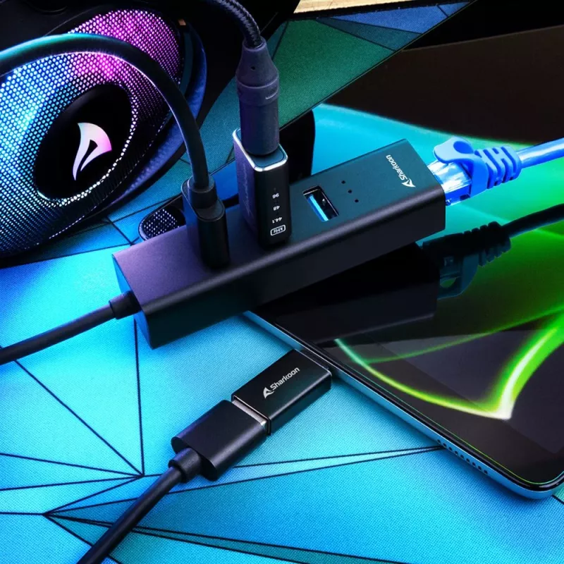 SHARKOON USB Hub - 3-Port USB 3.2 Gen 1 Αλουμίνιο + Ethernet Μαύρο