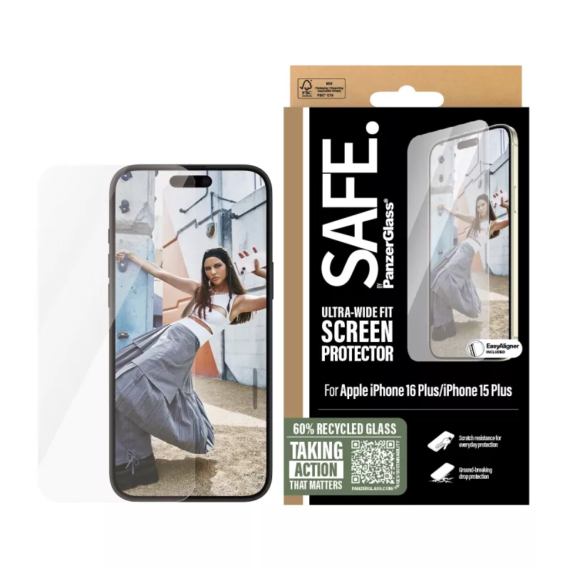 PanzerGlass SAFE. by ® Μεμβράνη προστασίας οθόνης iPhone 16 Plus | 15 Plus | Ultra-Wide Fit