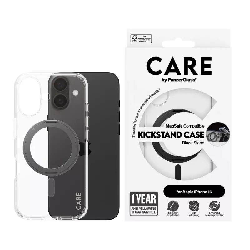PanzerGlass CARE™ by ® Θήκη διαφανής με μαύρο Kickstand & MagSafe iPhone 16