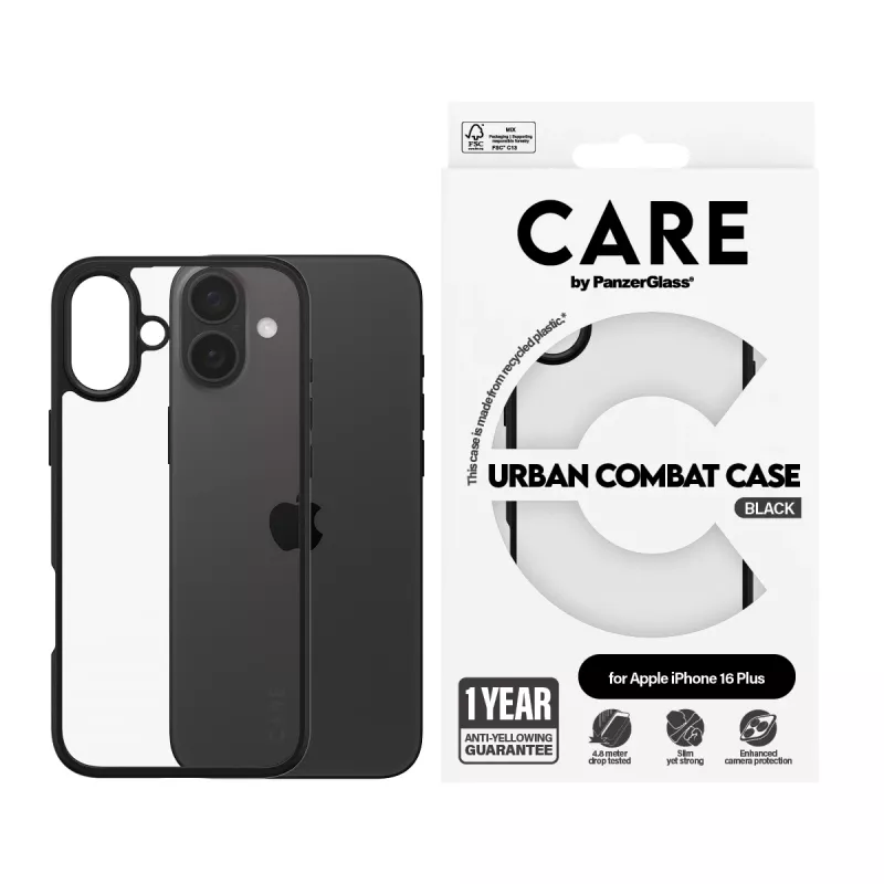 PanzerGlass CARE™ by ® Urban Combat Case διάφανη με μαύρο πλαίσιο iPhone 16 Plus