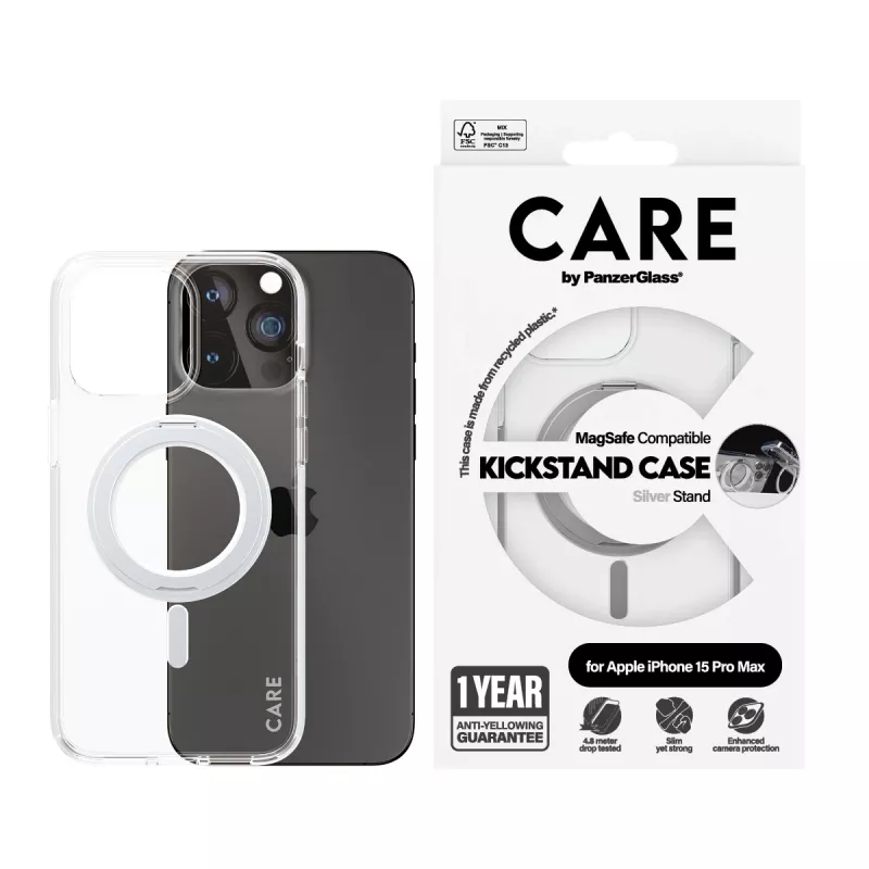 PanzerGlass CARE™ by ® θήκη διαφανής με ασημί Kickstand & MagSafe iPhone 15 Pro Max
