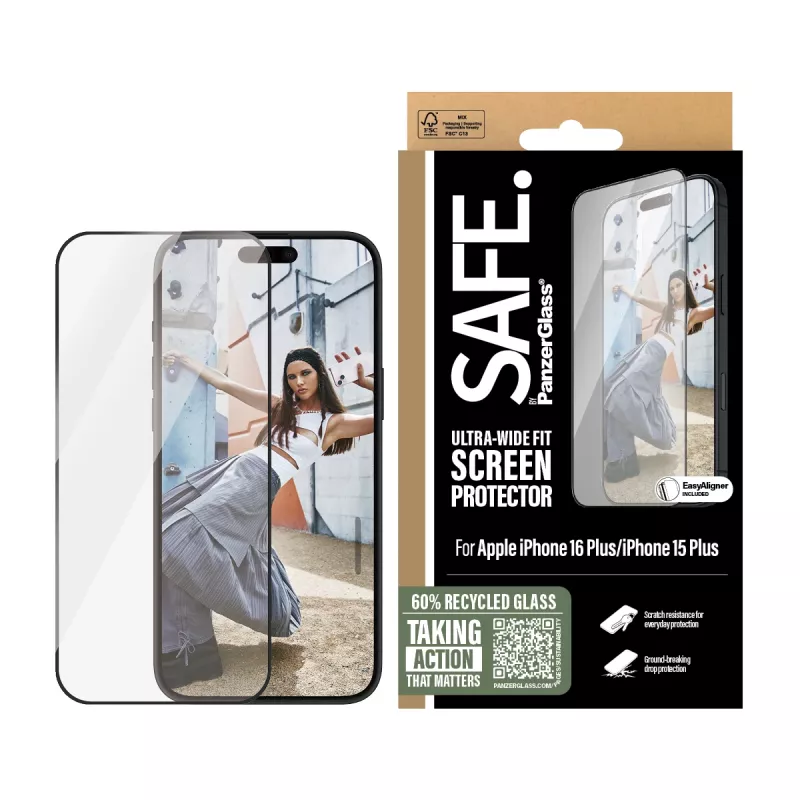 PanzerGlass SAFE. by ® Προστασία οθόνης με μαύρο πλαίσιο iPhone 16 Plus | 15 Plus | Ultra-Wide Fit