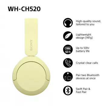 Sony WHCH520Y.CE7, Ασύρματο, Κλήσεις/Μουσική, 20 - 20000 Hz, 147 g, Headset, Κίτρινο