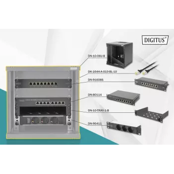 DIGITUS πακέτο δικτύου 10in - ντουλάπι 6HE μαύρο ράφι PDU switch 8 θυρών CAT6 patch panel