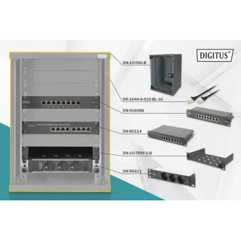 DIGITUS πακέτο δικτύου 10in με ντουλάπι 9U μαύρο ράφι PDU switch 8 θυρών CAT6 patch panel