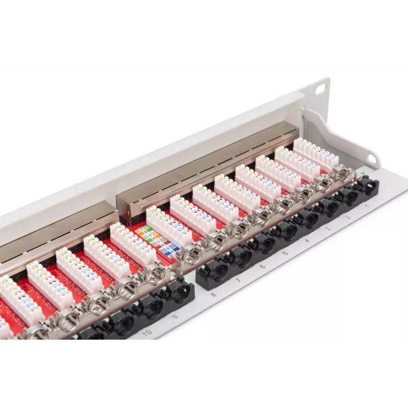 Patch panel DIGITUS DN-91624S-EA 19 ιντσών, CAT6A κατηγορίας EA, θωρακισμένο, 24 θυρών RJ45, LSA, 1U, ανοιχτό γκρι RAL 7035