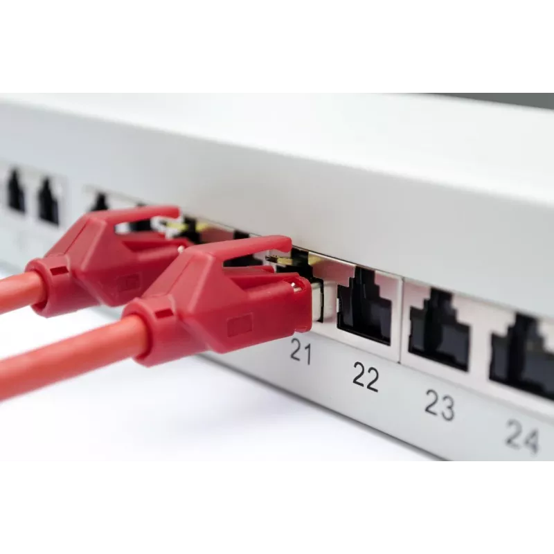 Patch panel DIGITUS DN-91624S-EA 19 ιντσών, CAT6A κατηγορίας EA, θωρακισμένο, 24 θυρών RJ45, LSA, 1U, ανοιχτό γκρι RAL 7035