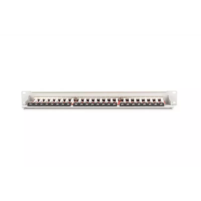 Patch panel DIGITUS DN-91624S-EA 19 ιντσών, CAT6A κατηγορίας EA, θωρακισμένο, 24 θυρών RJ45, LSA, 1U, ανοιχτό γκρι RAL 7035
