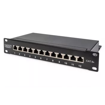 DIGITUS CAT6A Patchpanel, θωρακισμένο, 12-Port πεδίο σήμανσης, 1U, τοποθέτηση σε Rack 10 ιντσών, μαύρο RAL 9005