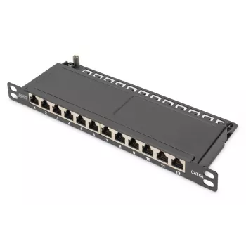 DIGITUS CAT6A Patchpanel, θωρακισμένο, 12-Port, 1/2U, τοποθέτηση σε Rack 10 ιντσών, μαύρο RAL 9005