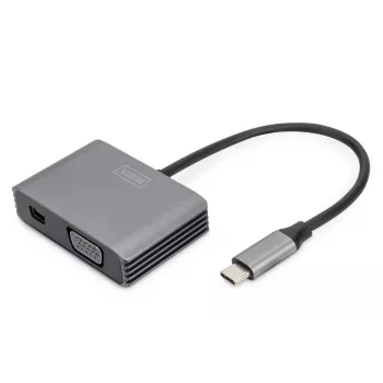 DIGITUS Προσαρμογέας USB-C - mini DP + VGA, 20 cm 4K/30Hz, Ασημί, θήκη αλουμινίου