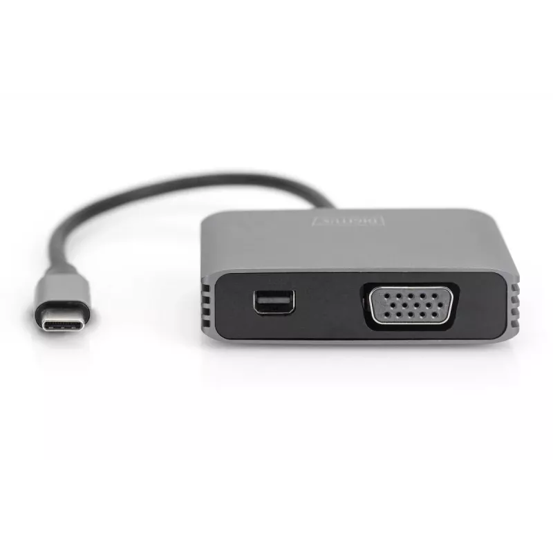 DIGITUS Προσαρμογέας USB-C - mini DP + VGA, 20 cm 4K/30Hz, Ασημί, θήκη αλουμινίου