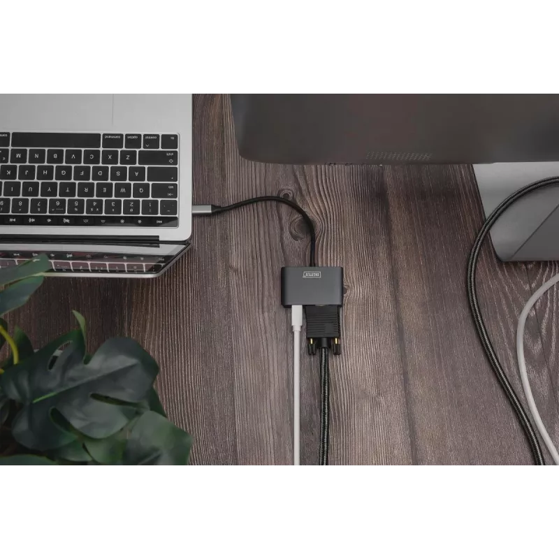 DIGITUS Προσαρμογέας USB-C - mini DP + VGA, 20 cm 4K/30Hz, Ασημί, θήκη αλουμινίου