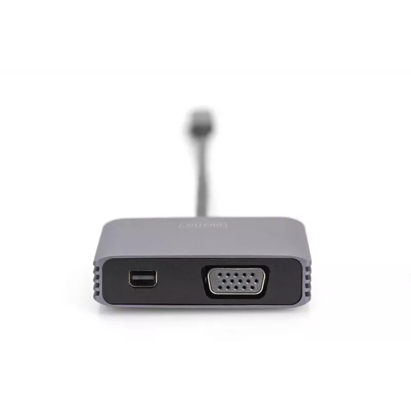 DIGITUS Προσαρμογέας USB-C - mini DP + VGA, 20 cm 4K/30Hz, Ασημί, θήκη αλουμινίου