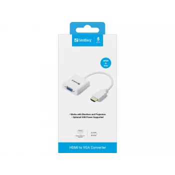 Sandberg Μετατροπέας HDMI σε VGA, VGA (D-Sub), HDMI Type A (Standard), Βύσμα αρσενικό, Υποδοχή θηλυκή, Λευκό, RoHS