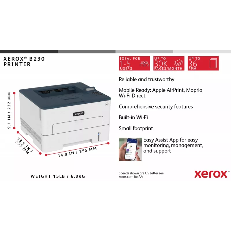 Xerox B230 A4 34ppm Wireless Duplex Εκτυπωτής PCL5e/6 2 Δίσκοι χαρτιού συνολικά 251 Φύλλα