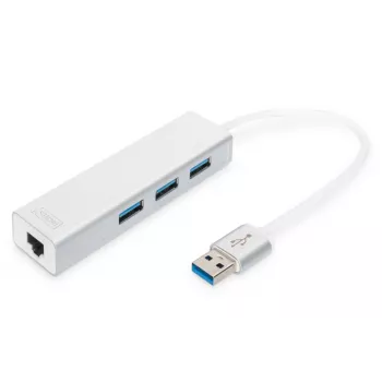 DIGITUS USB 3.0, hub 3 θυρών & προσαρμογέας Gigabit-LAN 3xUSB A/F, 1xUSB A/M, 1xRJ45 LAN Υποστηρίζει Windows και Mac OS