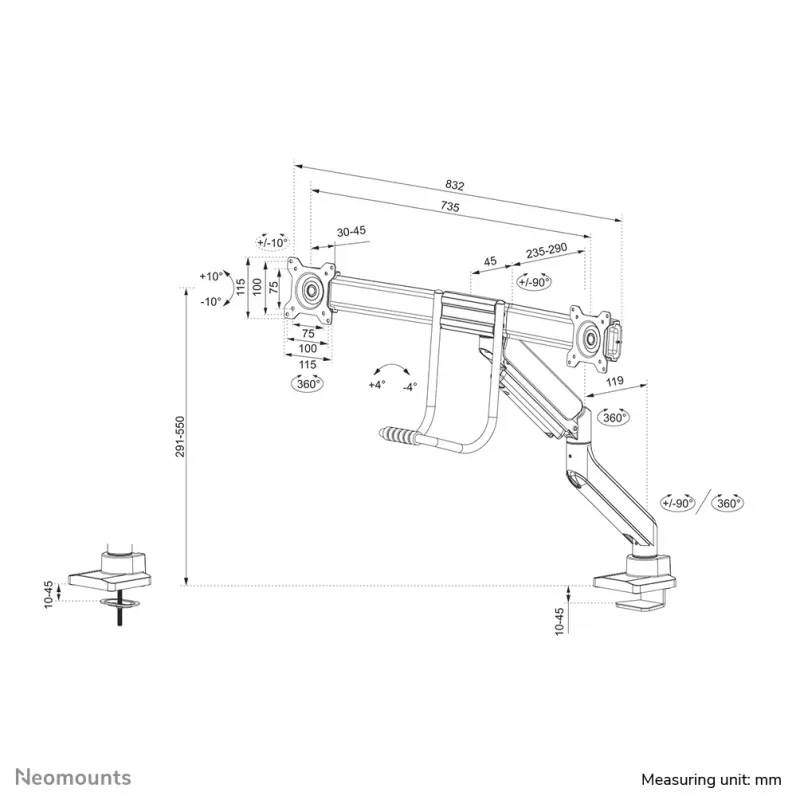 Neomounts DS75-450BL2 Βάση οθόνης 17-32 inch - Γκάζι - Στήριξη γραφείου - 180°-Στοπ