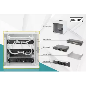 DIGITUS Πακέτο δικτύου 10in – Ερμάριο 6U, γκρι ράφι, PDU, Switch 8 θυρών, Patch panel CAT6