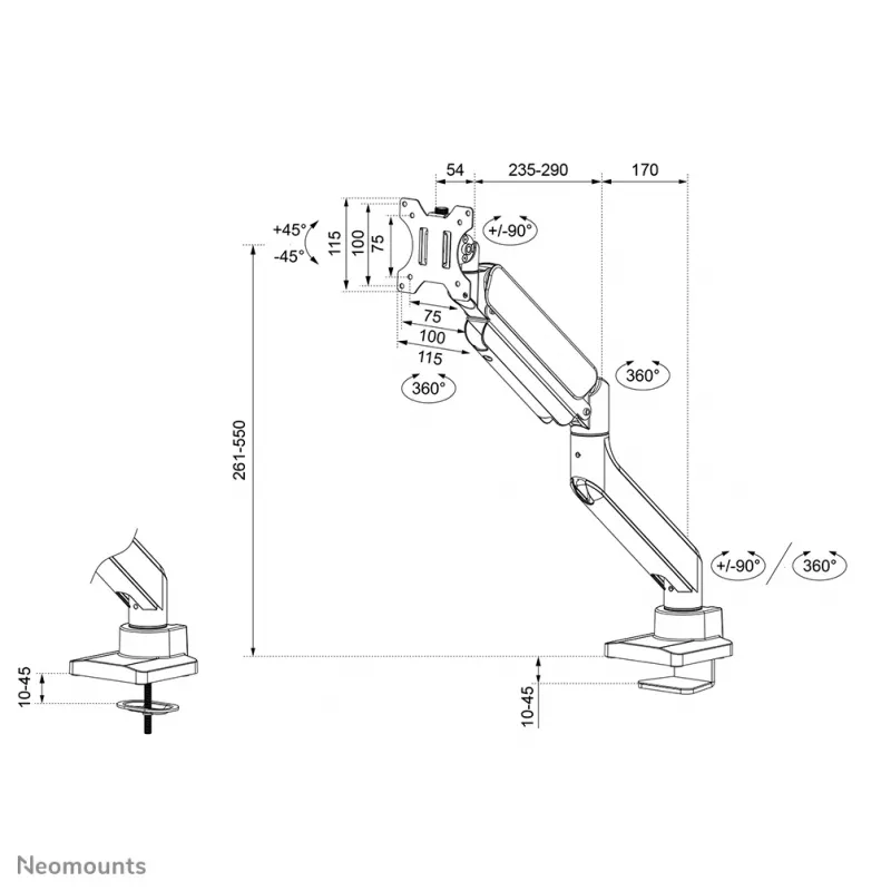Neomounts DS70PLUS-450WH1 Βάση οθόνης 17-49 inch - γκάζι - σφιγκτήρας γραφείου - 180°-stop