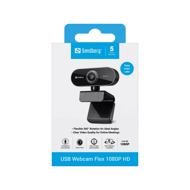 Sandberg USB Webcam Flex 1080P HD, 2 MP, 1920 x 1080 Pixel, Full HD, 30 fps, USB, Μαύρο