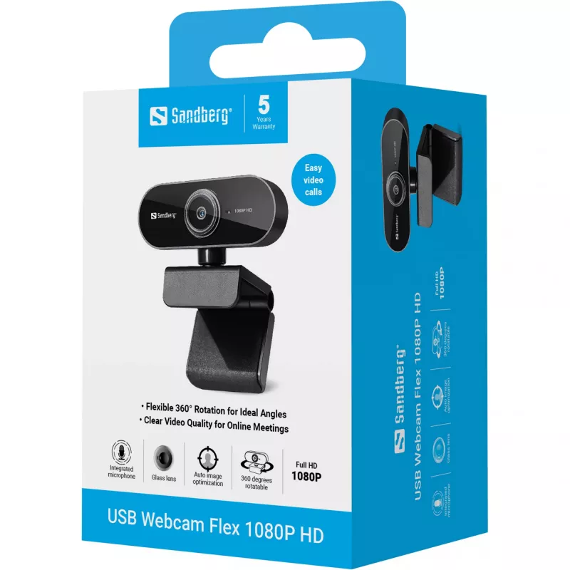 Sandberg USB Webcam Flex 1080P HD, 2 MP, 1920 x 1080 Pixel, Full HD, 30 fps, USB, Μαύρο