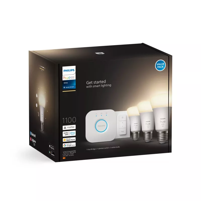 Philips Hue White Starterkit: 3 E27 Smart Λάμπες (1100) + Διακόπτης Dimmer