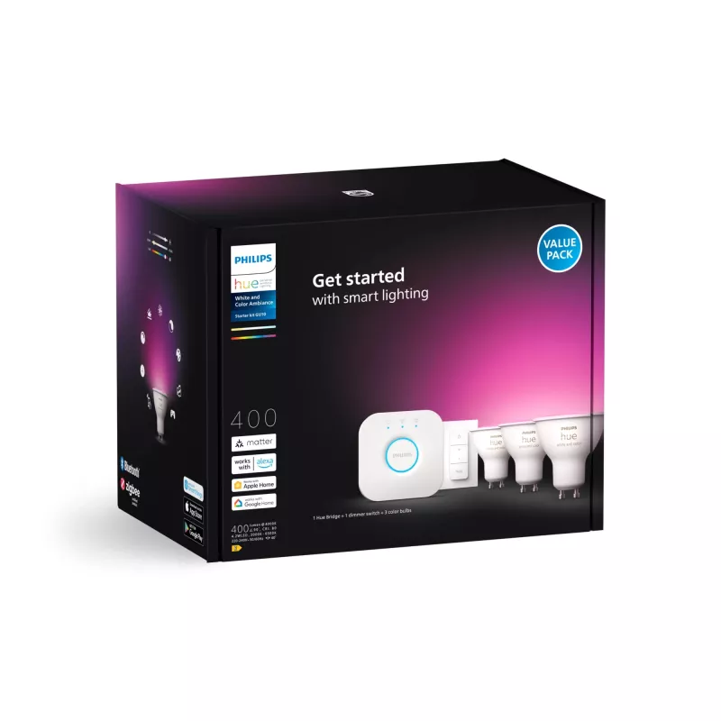 Philips Hue White and Colour Ambience Starter-Kit: 3 GU10 Smart-Spots + διακόπτης dimmer
