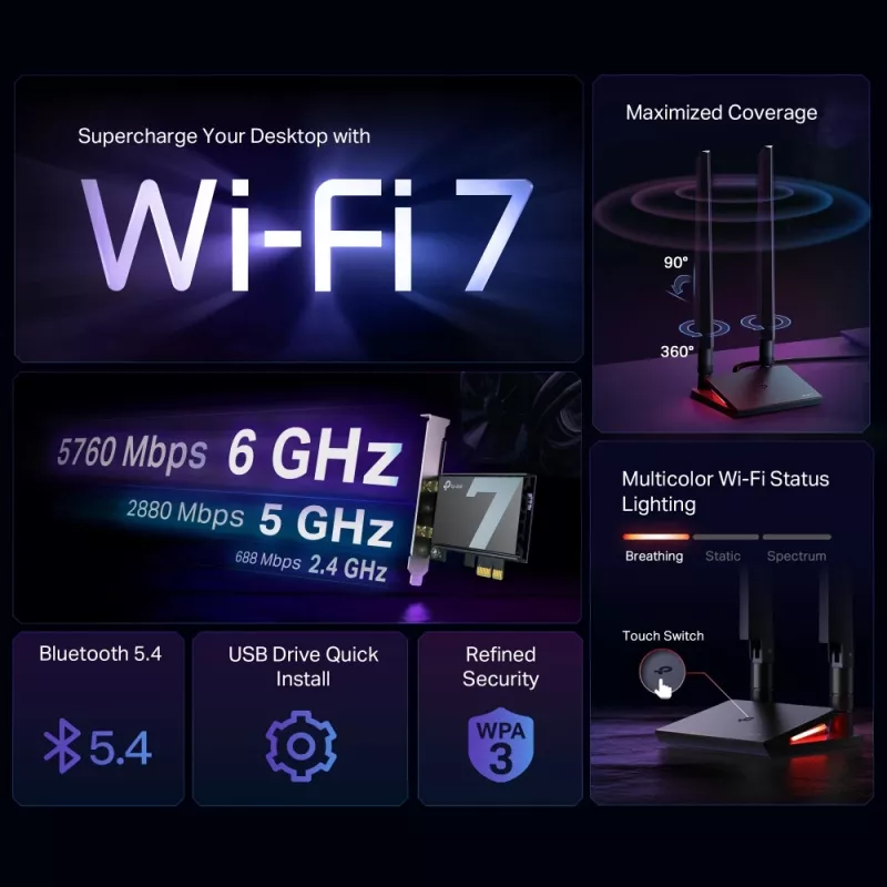 TP-Link Archer BE9300 Wi-Fi 7 Bluetooth 5.4 Προσαρμογέας PCIe