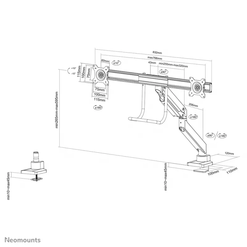 Neomounts NM-D775DXBLACK Βραχίονας οθόνης 10-32 inch - γκάζι - Topfix - 180°-Stopp