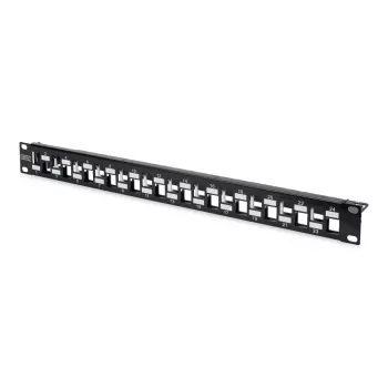 DIGITUS Modular Patch Panel, θωρακισμένο 24-Port, κενό, 1HE, τοποθέτηση σε Rack, μετατοπισμένο, χρώμα μαύρο RAL 9005
