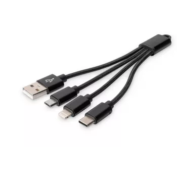 DIGITUS Καλώδιο φόρτισης USB USB A – Lightning+Micro B+Type-C M/M/M/M 15 cm Καλώδιο 3-in-1, βαμβάκι, CE, Μαύρο