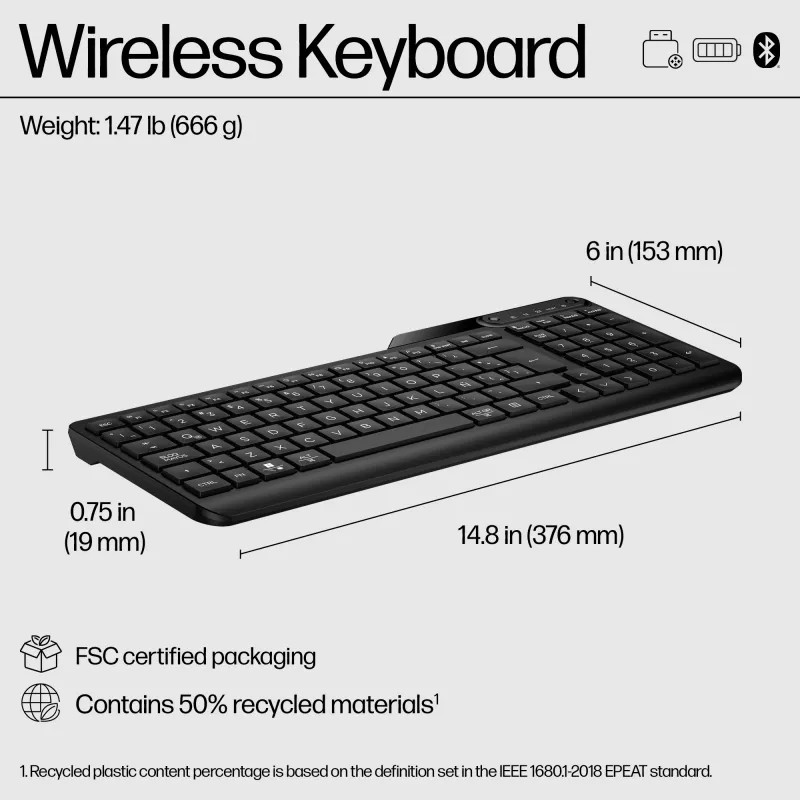 HP 475 Dual-Mode Wireless πληκτρολόγιο, Full-size (100%), Wireless, RF Wireless + Bluetooth, μεμβράνης, μαύρο