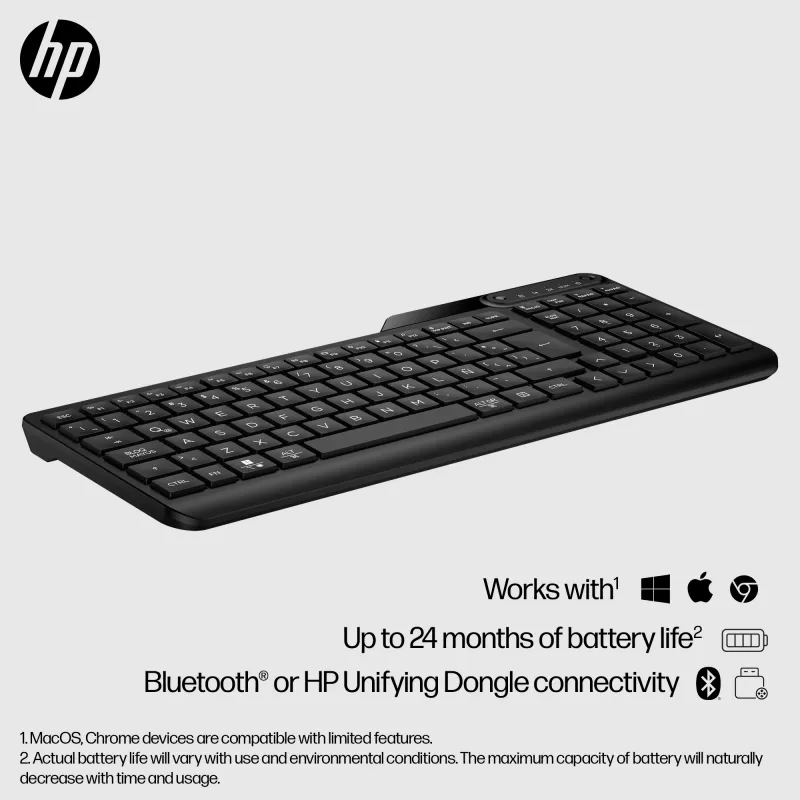 HP 475 Dual-Mode Wireless πληκτρολόγιο, Full-size (100%), Wireless, RF Wireless + Bluetooth, μεμβράνης, μαύρο