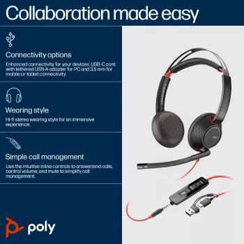 HP Poly Blackwire 5220 Στερεοφωνικό Headset USB-C +3,5-mm Βύσμα +USB-C/A Προσαρμογέας (Συσκευασία Ποσότητας)