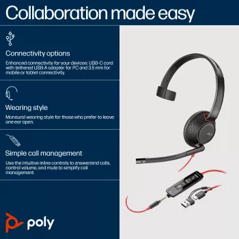 HP Poly Blackwire 5210 Μονοφωνικό USB-C Headset +3.5mm Plug +USB-C/A Adapter (Bulk)