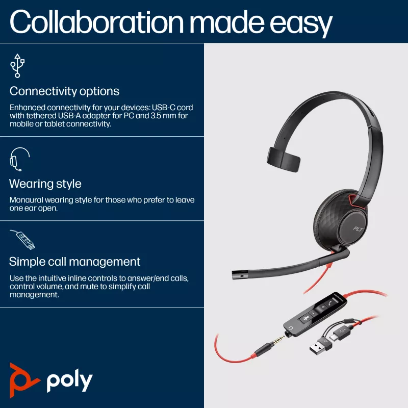 HP Poly Blackwire 5210 Μονοφωνικό USB-C Headset +3.5mm Plug +USB-C/A Adapter (Bulk)