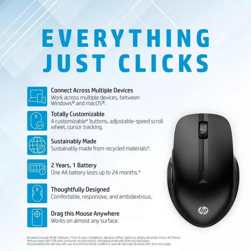 HP 430 Multi-Device Ασύρματο Ποντίκι, αμφίχειρο, οπτικό, RF Wireless + Bluetooth, 1200 DPI, Μαύρο