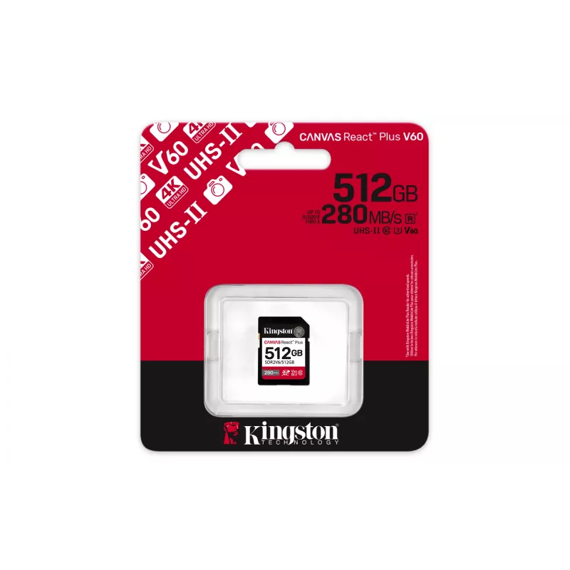 Kingston Technology 512GB Canvas React Plus SDXC UHS-II 280R/150W U3 V60 για Full HD/4K