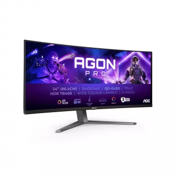 AOC AGON PRO AG346UCD Οθόνη υπολογιστή 86,4 cm (34 ίντσες) 3440 x 1440 Pixel Wide Quad HD QD-OLED Μαύρο, Γκρι