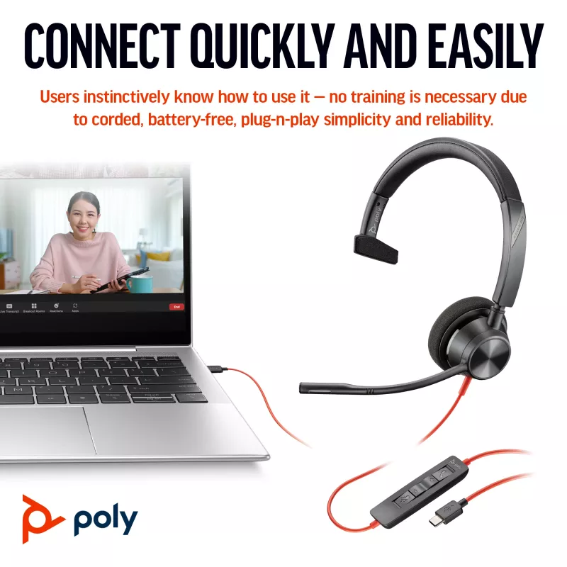 HP Poly Blackwire 3310 μονοφωνικό Headset με USB-C + προσαρμογέα USB-C/A