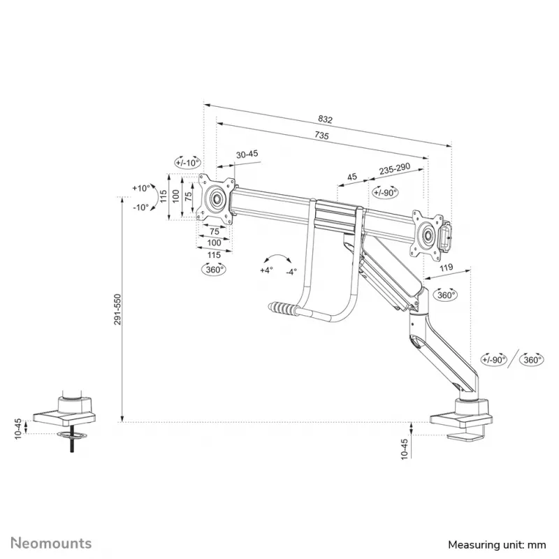 Neomounts DS75-450WH2 βραχίονας οθόνης 17-32 ίντσες - γάζα - Topfix - 180°-στοπ