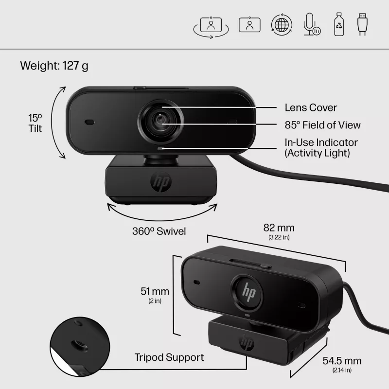 HP 435 FHD κάμερα web (77B10AA), 2 MP, 1920 x 1080, 30 fps, USB-A 2.0, αυτόματη εστίαση, κάλυμμα απορρήτου, διπλά μικρόφωνα, μαύρο