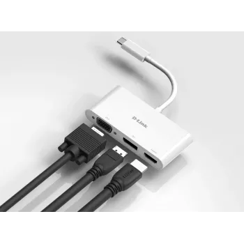 D-Link 3-in-1 USB-C σε HDMI/VGA/DisplayPort Προσαρμογέας, Ενσύρματο, USB 3.2 Gen 1 (3.1 Gen 1) Type-C, Λευκό, CE, FCC, IC, RCM, DC, 0.04 A